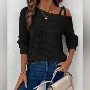 Women's Black Waffel Cold Shoulder Sweater
